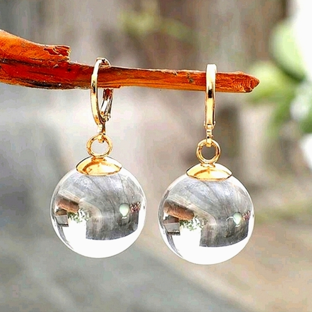 Clear orbs of light; round dangle earrings; 1.4 inch drop; .7"orb